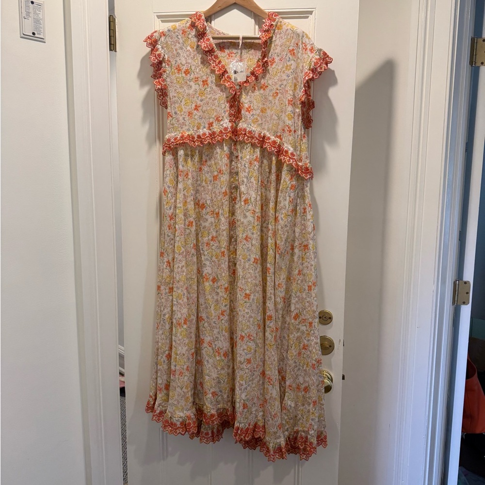 Free People Floral Ruffle Midi Dress in yellow cream and orange